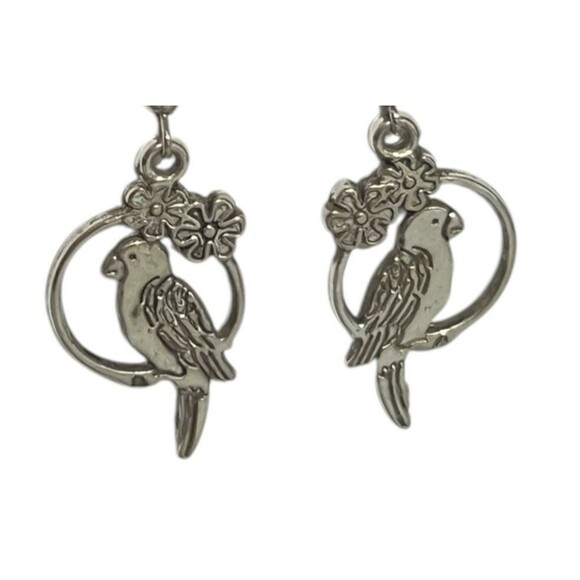 Parrot Earrings Pierced Silver Dangle Bird Tropical Floral Bohemian 1 1/2” Drop - Picture 1 of 9